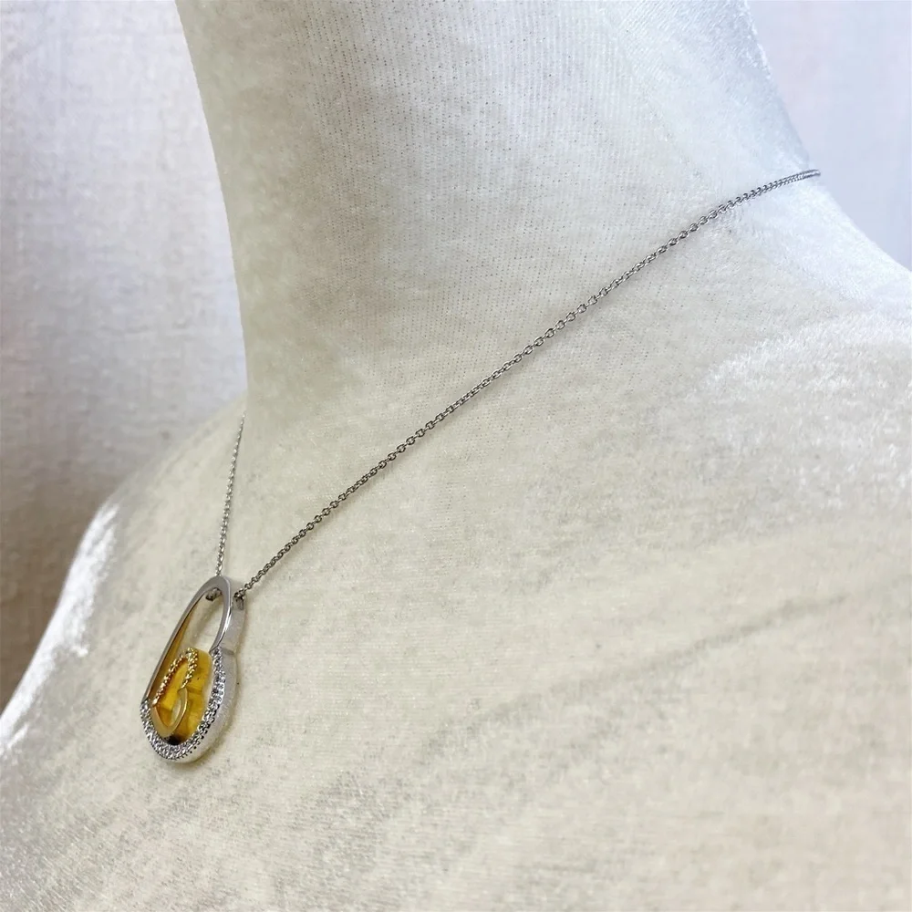 Two tone gold silver open double heart necklace with clear rhinestones